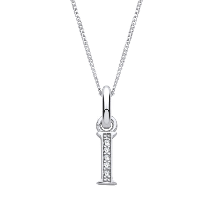 Sterling Silver & Cubic Zirconia Letter I with a 1mm Sterling Silver Curb Chain