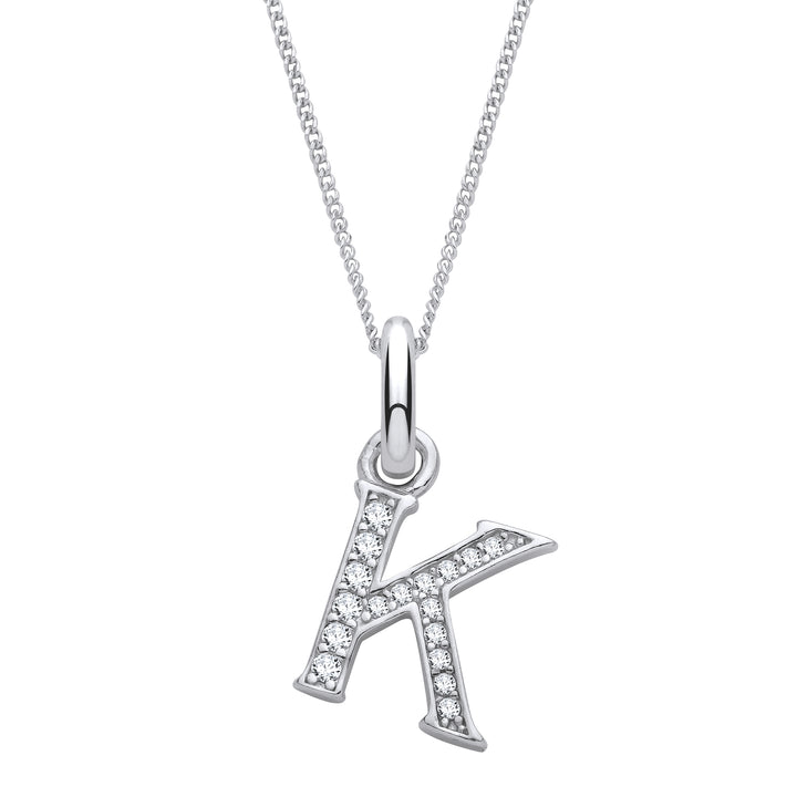 Sterling Silver & Cubic Zirconia Letter K with a 1mm Sterling Silver Curb Chain