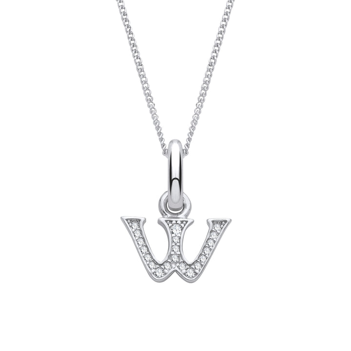 Sterling Silver & Cubic Zirconia Letter W with a 1mm Sterling Silver Curb Chain