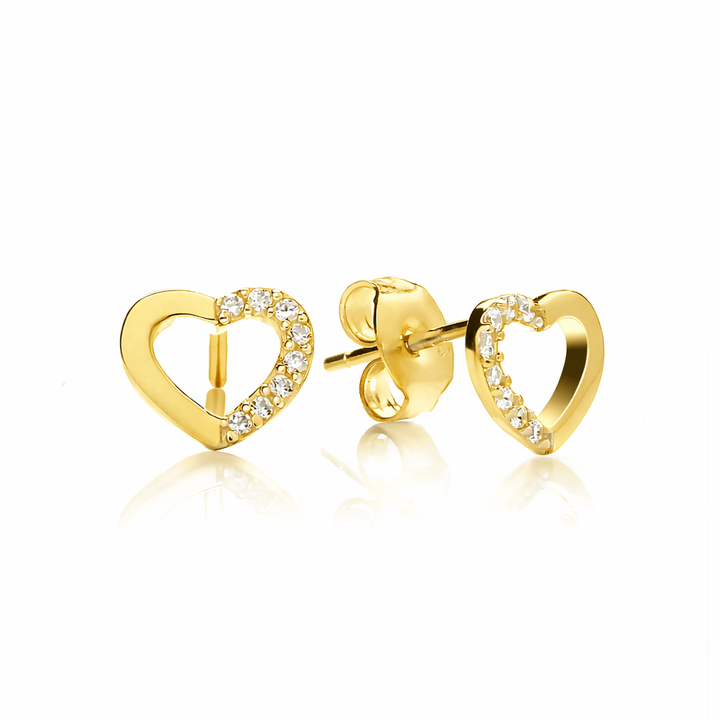 Sterling Silver Gold Plated Mini Hollow Heart Stud Earrings Created with Swarovski Zirconia