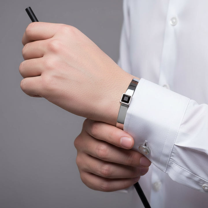 Model wearing Brass & Rhodium Plated Black Cubic Zirconia Prism Cufflinks