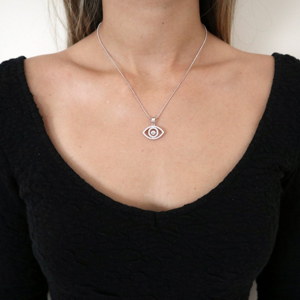 Sterling Silver Evil Eye Floating Stone Necklace Created With Swarovski Zirconia